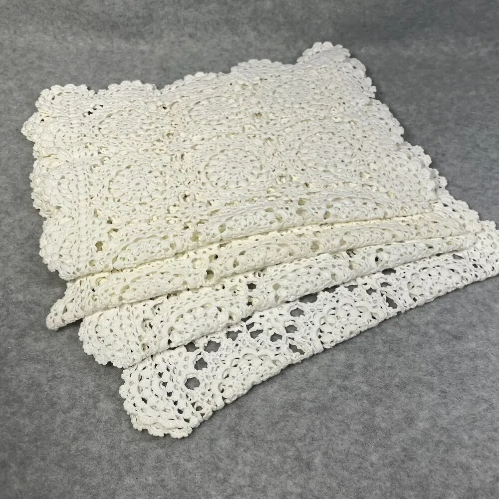 Vintage Beige Ecru Crochet Kitchen Table Placemat Set 4 Scalloped Edge‎ 11 X 18